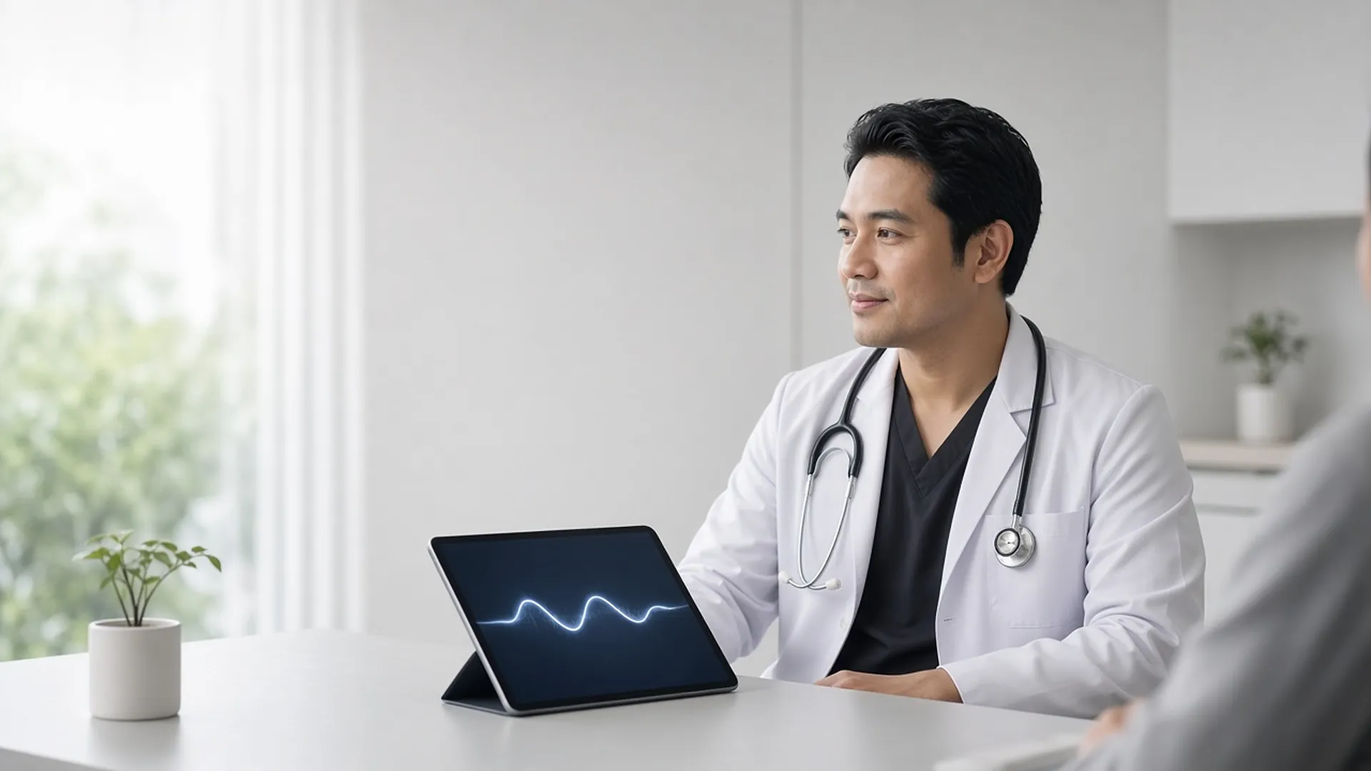 Illustration: a doctor using an AI scribe on a tablet during a consultation