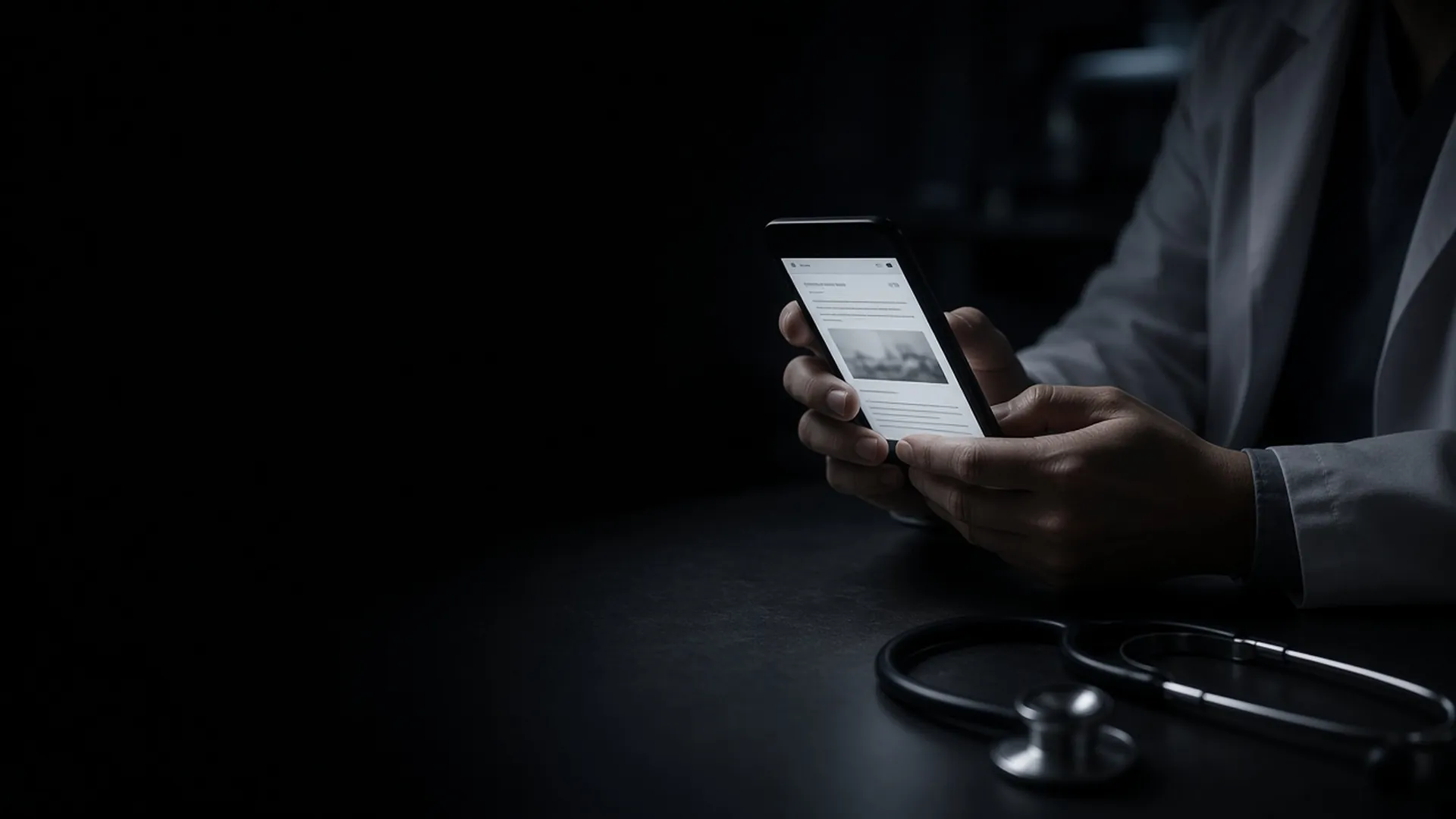 Illustration: a doctor's hands holding a phone that shows an email newsletter, with a stethoscope on a dark desk