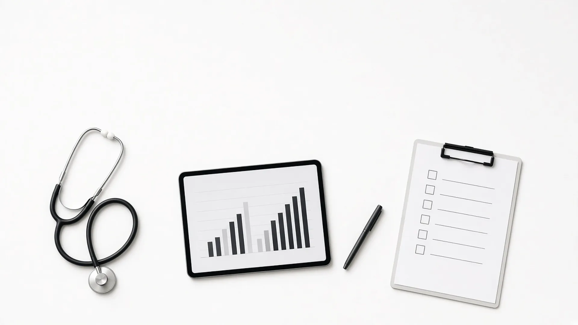 Illustration: a stethoscope, a tablet showing a bar chart, a pen and a checklist on a clipboard, laid out on a white desk