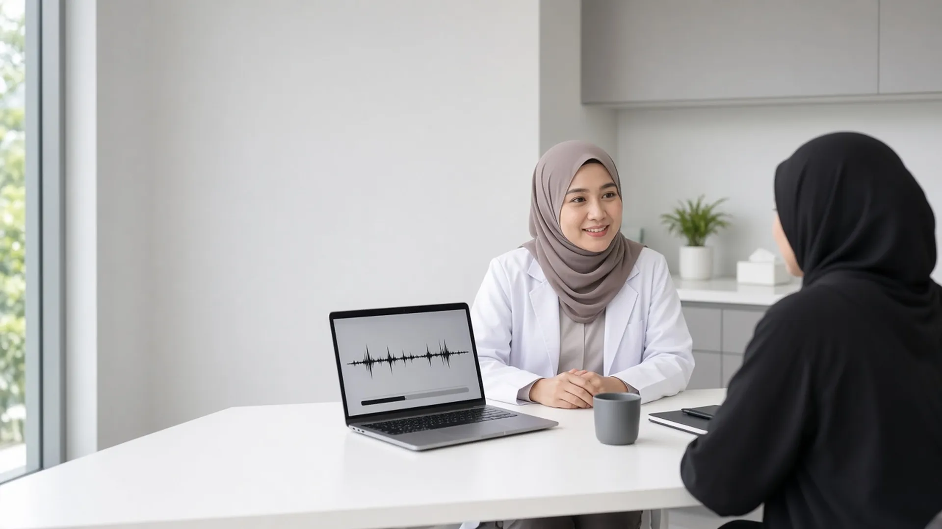Illustration: a doctor in a hijab talks with a patient in a bright clinic, with a laptop on the desk recording the consultation as a sound wave